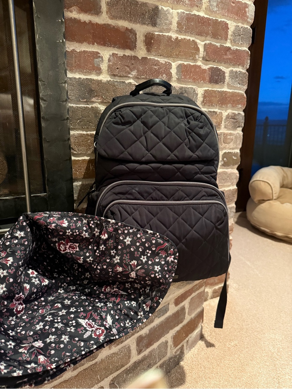 Vera Bradley Quilted Black Diaper Backpack with Floral Lining and Changing Pad
